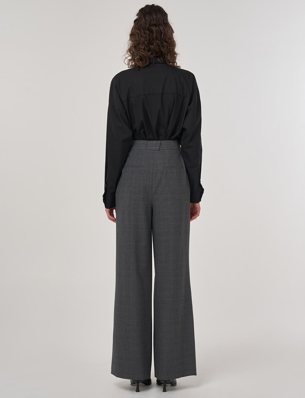 Plaid Pleated Belt Detailed High Waist Palazzo Pants Anthracite