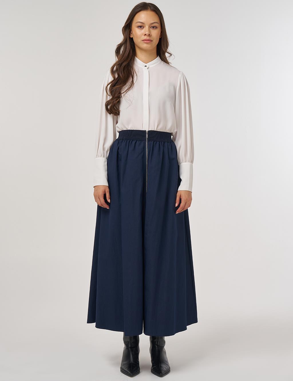 Elastic Waist Zipper Closure Skirt Dark Navy