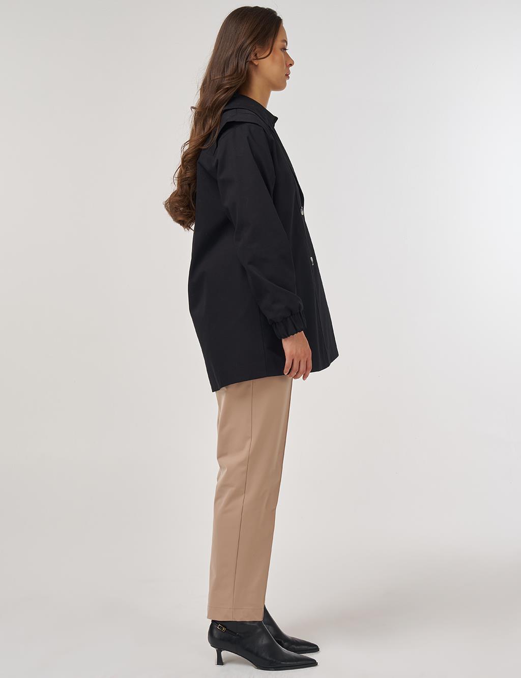 Elastic Cuff Shoulder Detailed Double-Breasted Jacket Black