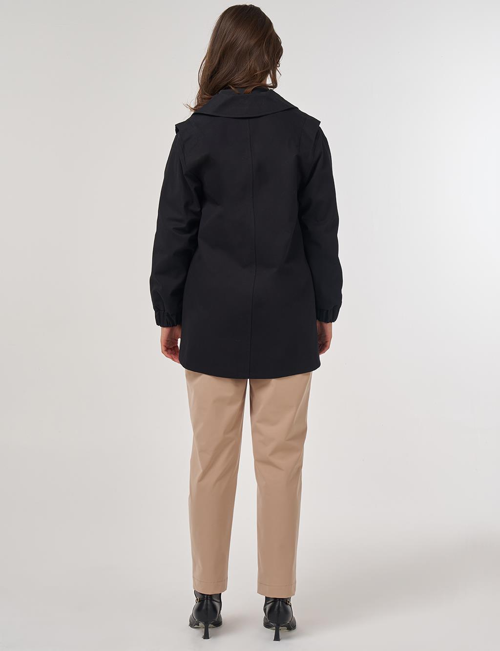 Elastic Cuff Shoulder Detailed Double-Breasted Jacket Black