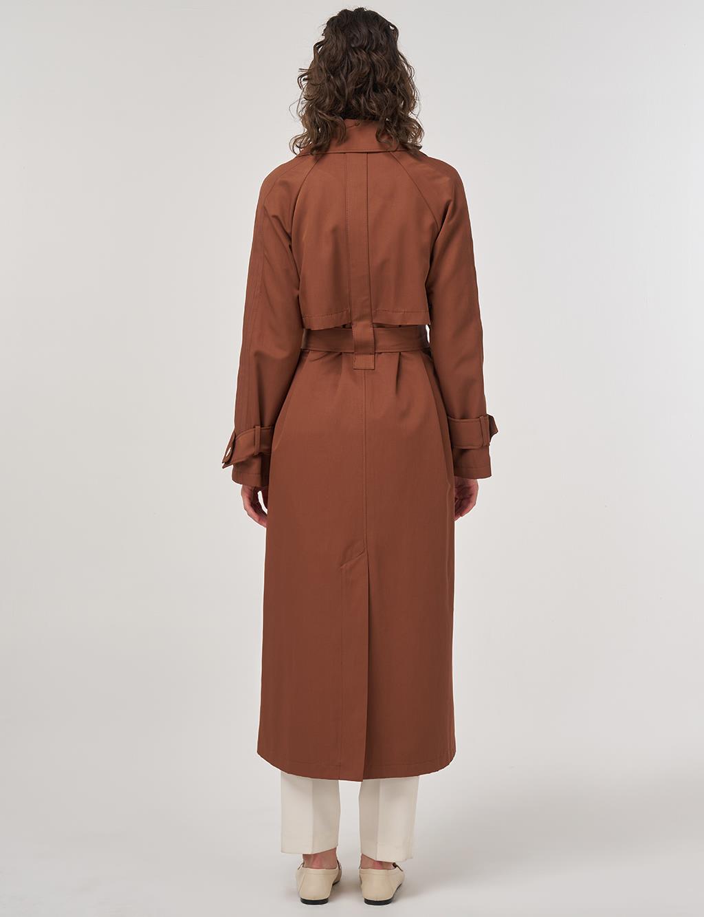 Epaulette Detailed Long Trench Coat in Brown
