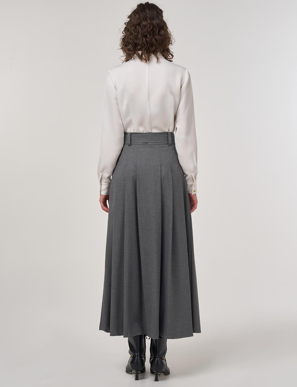 Thick Pleated Belted Maxi Skirt Anthracite