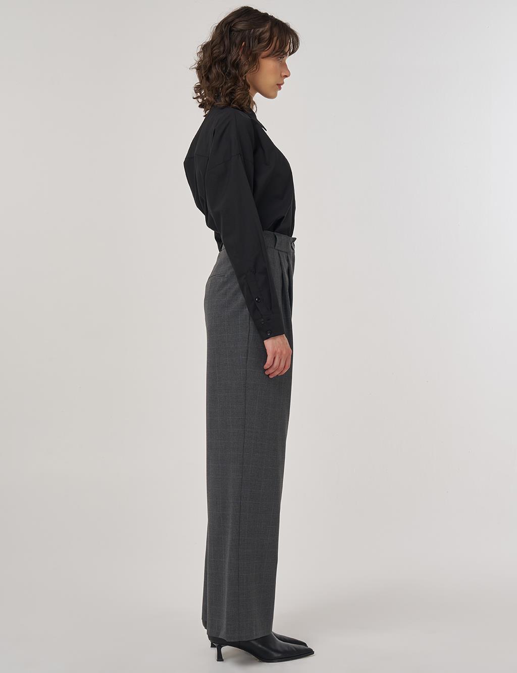 Plaid Pleated Belt Detailed High Waist Palazzo Pants Anthracite