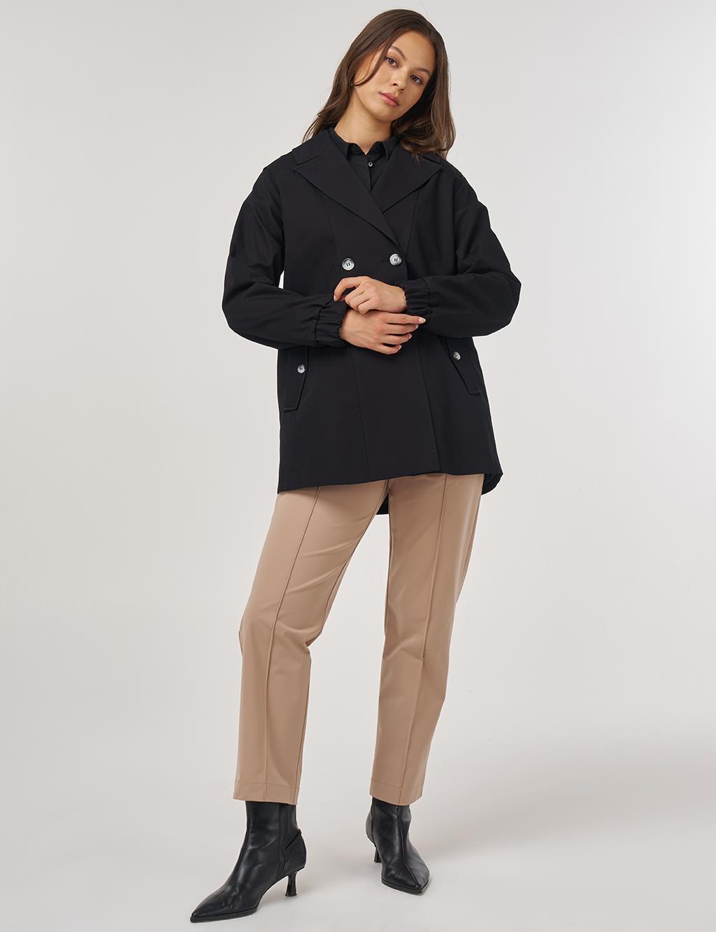 Elastic Cuff Shoulder Detailed Double-Breasted Jacket Black