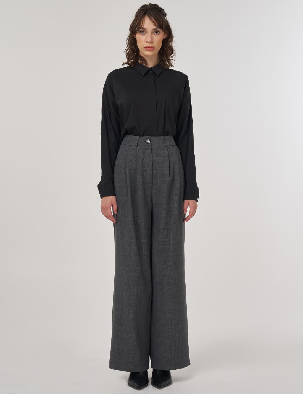 Plaid Pleated Belt Detailed High Waist Palazzo Pants Anthracite