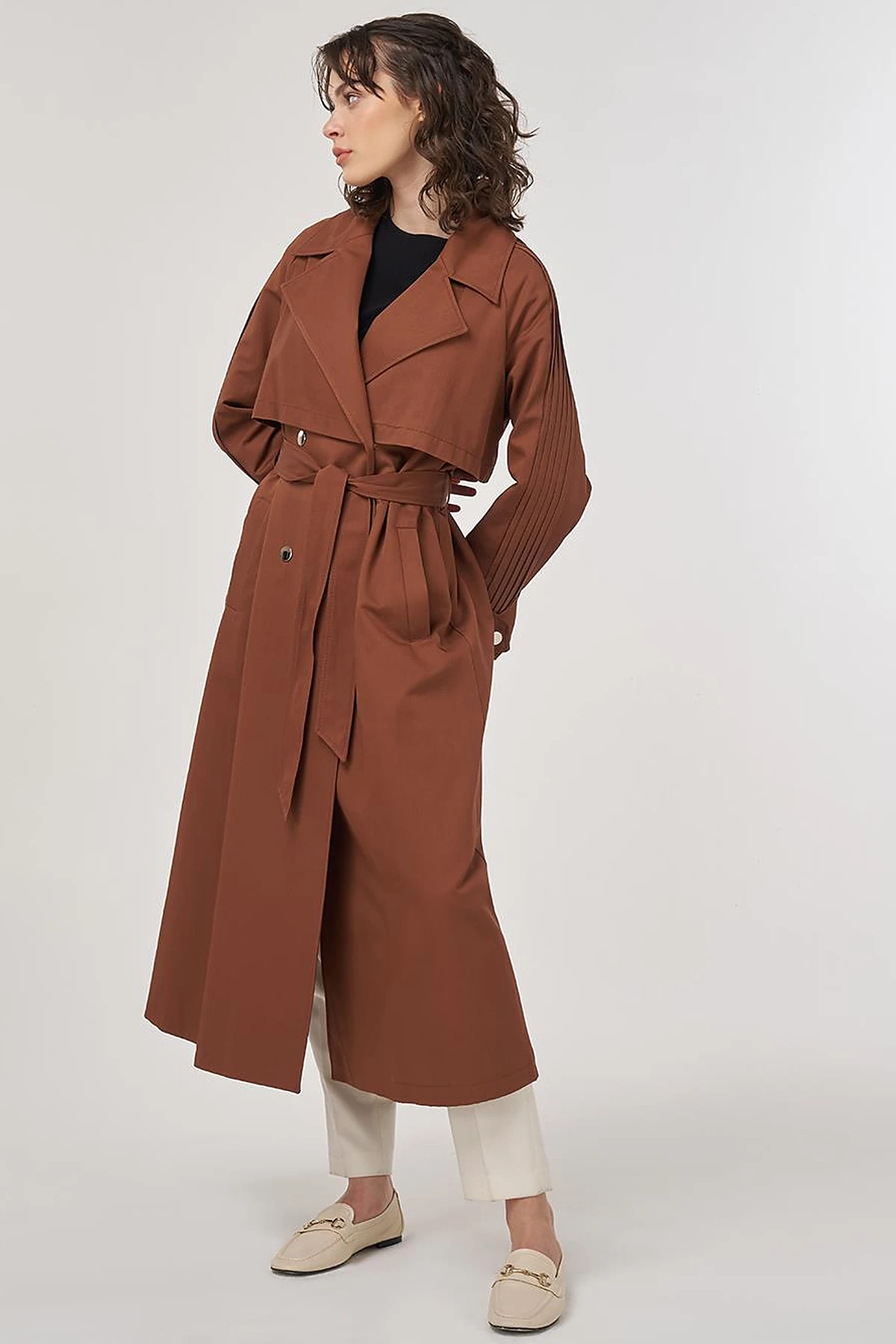 Epaulette Detailed Long Trench Coat in Brown