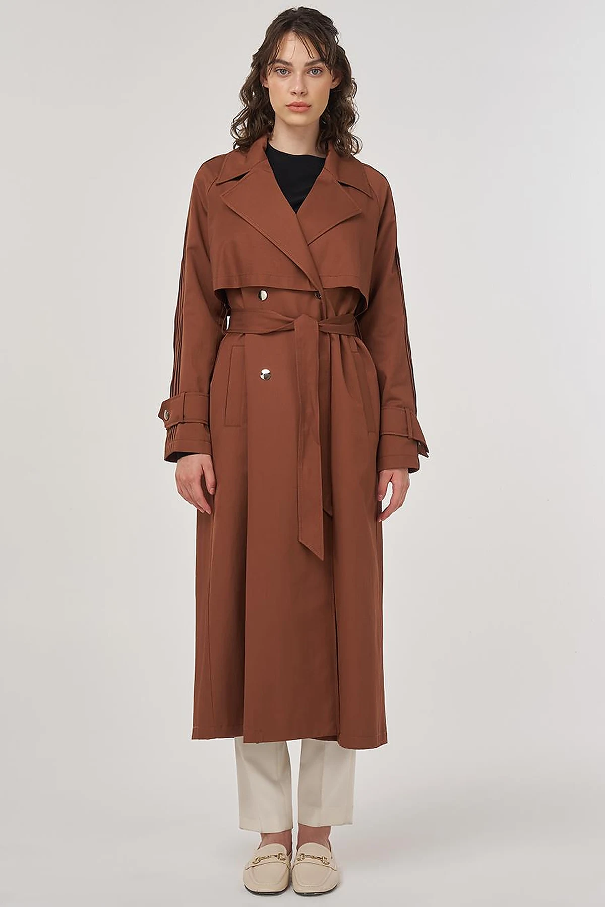 Epaulette Detailed Long Trench Coat in Brown