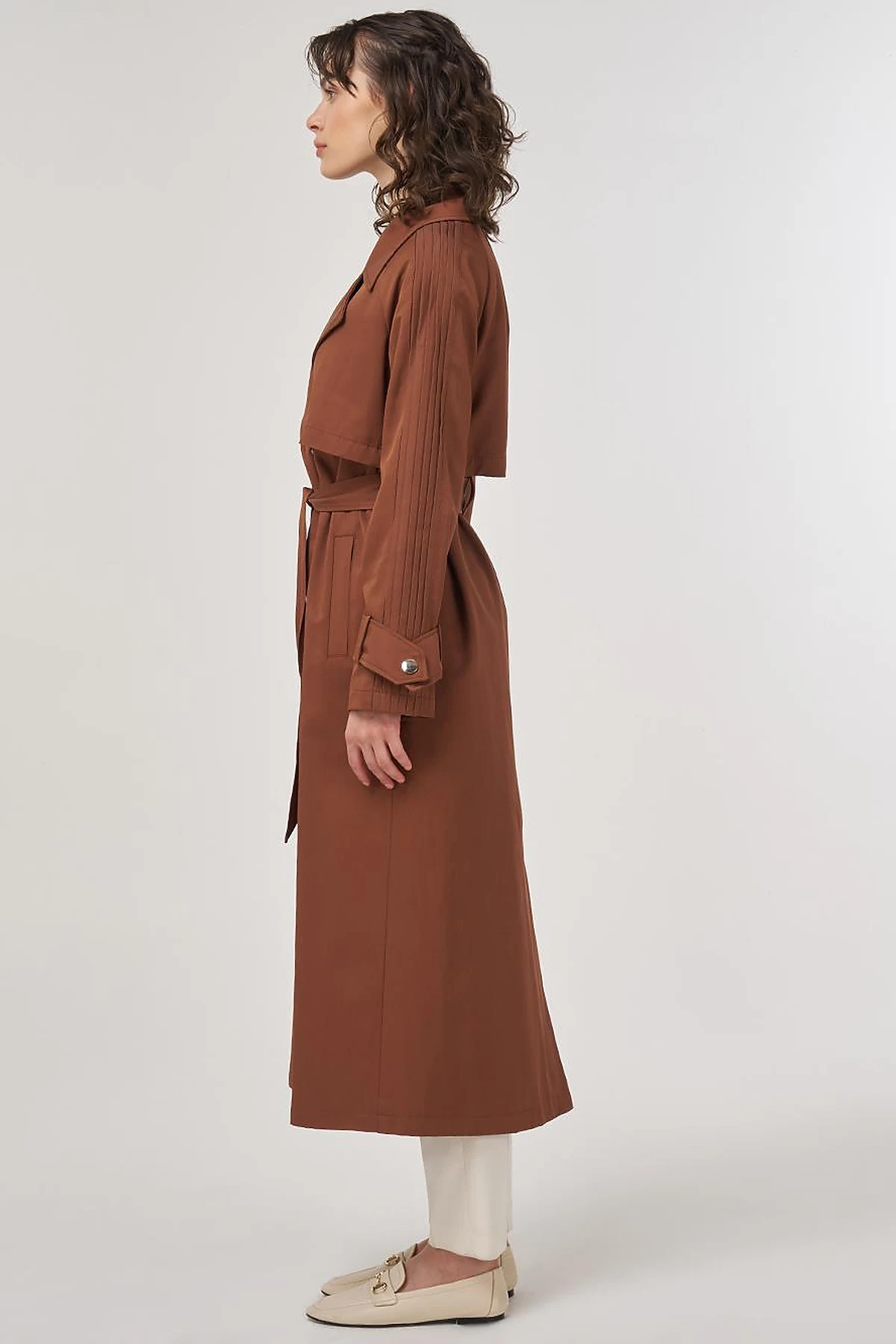 Epaulette Detailed Long Trench Coat in Brown