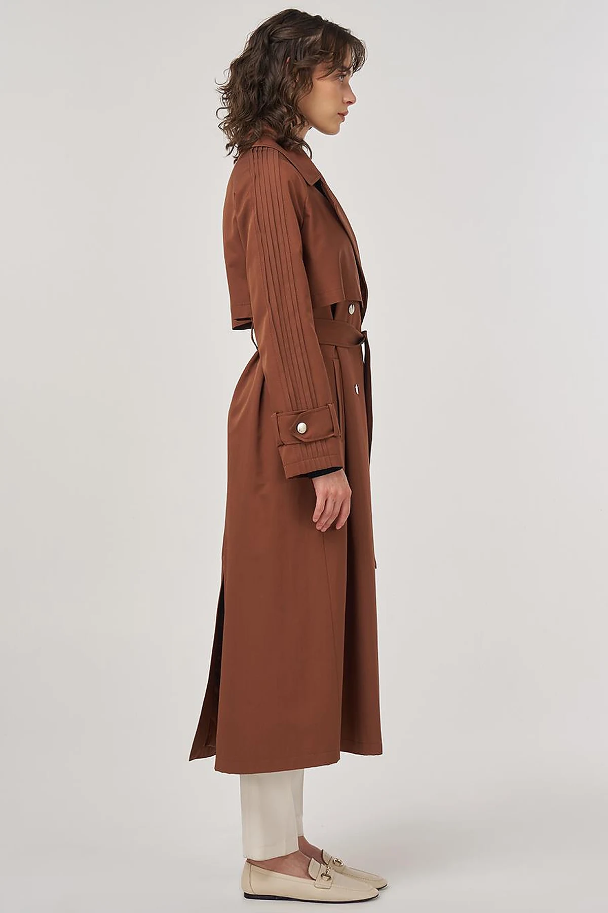 Epaulette Detailed Long Trench Coat in Brown