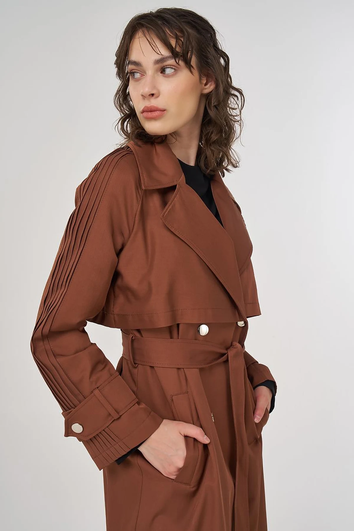 Epaulette Detailed Long Trench Coat in Brown