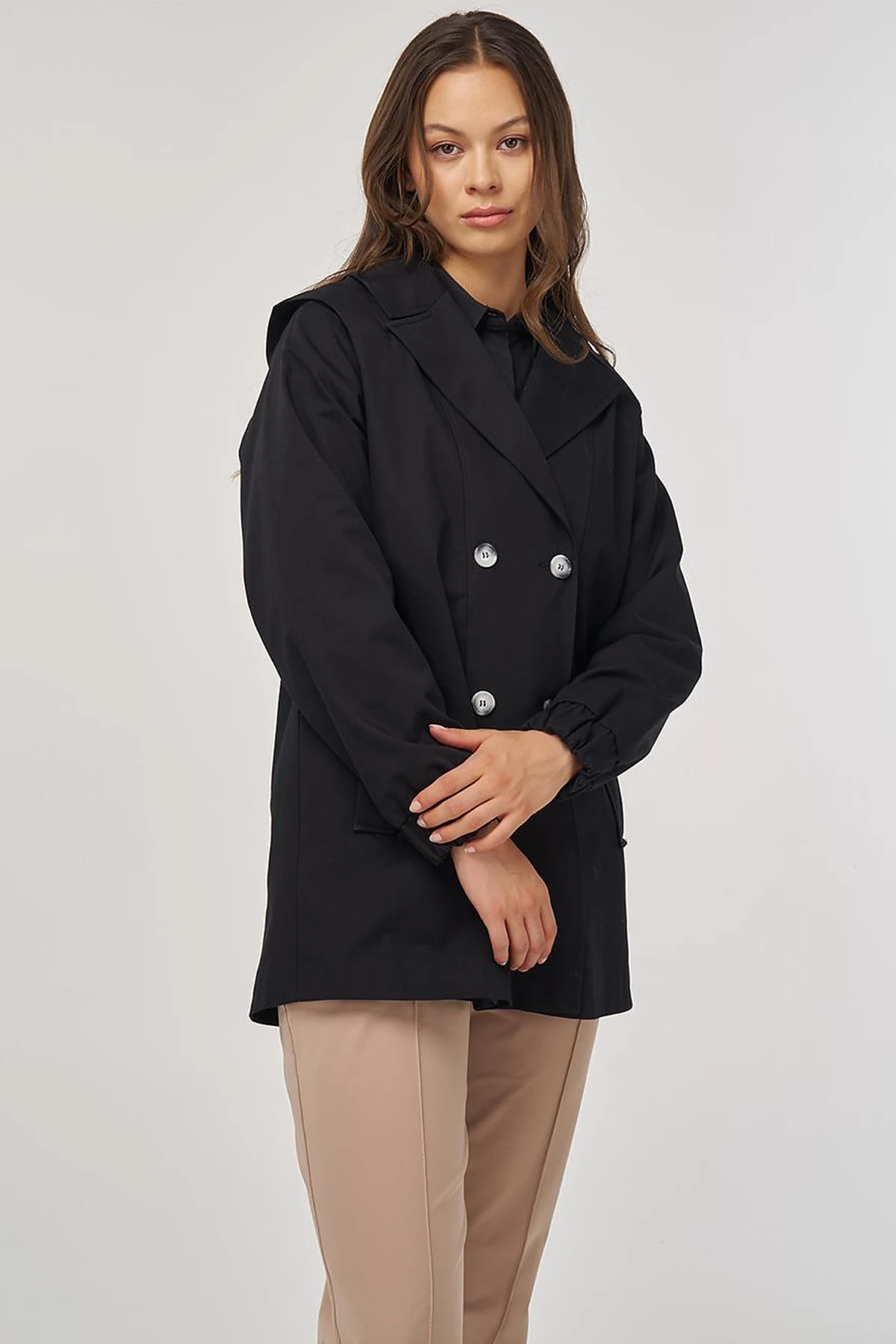 Elastic Cuff Shoulder Detailed Double-Breasted Jacket Black