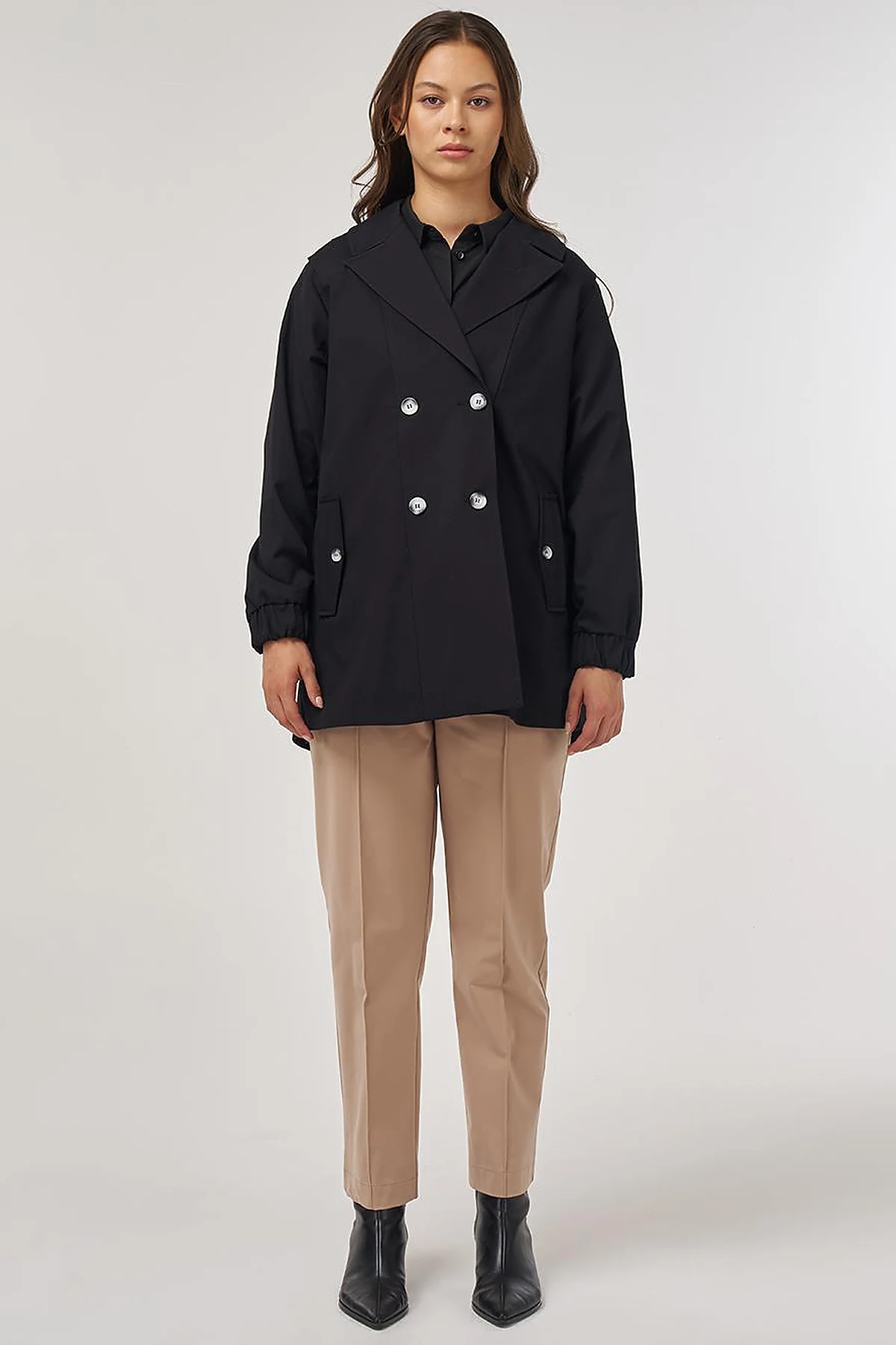 Elastic Cuff Shoulder Detailed Double-Breasted Jacket Black
