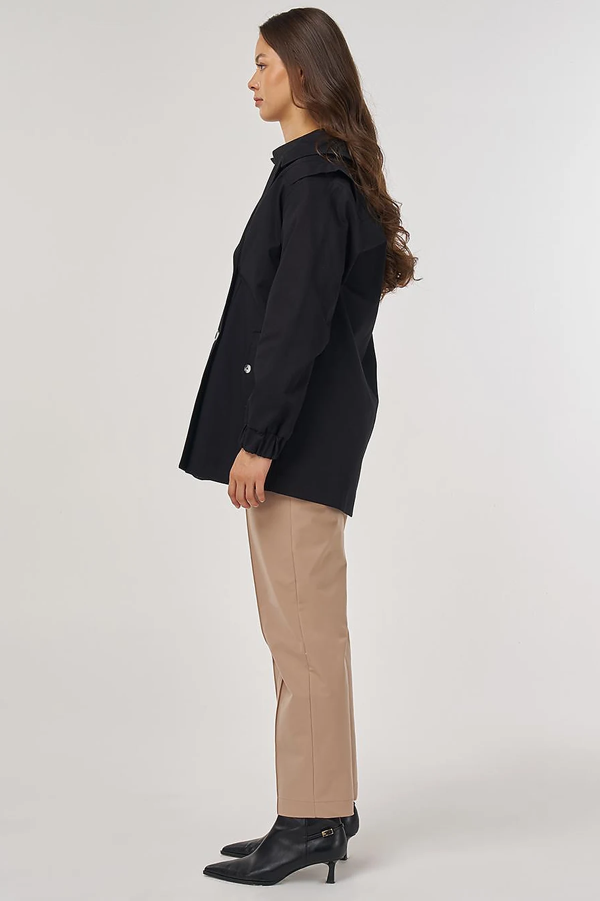 Elastic Cuff Shoulder Detailed Double-Breasted Jacket Black