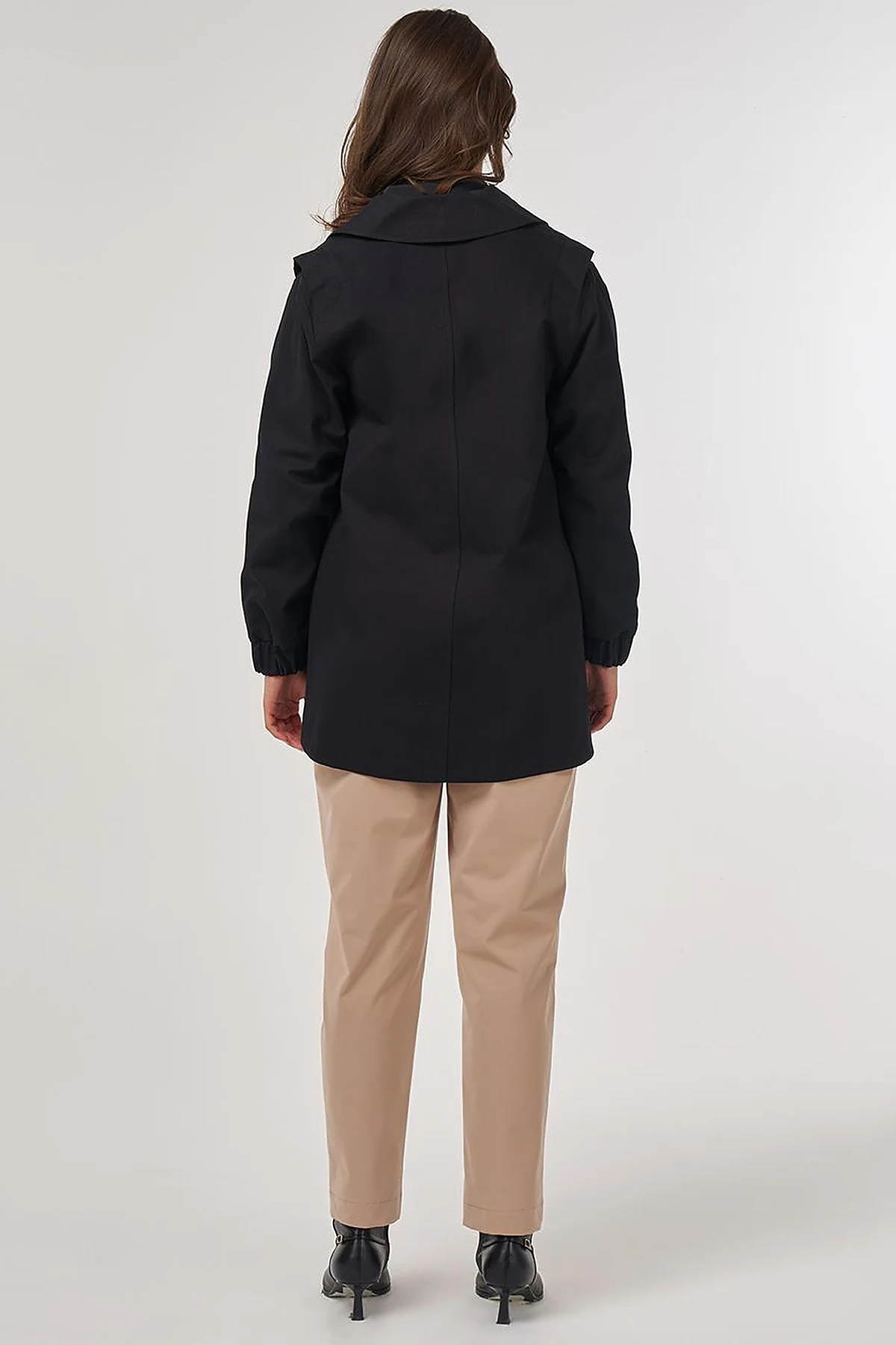 Elastic Cuff Shoulder Detailed Double-Breasted Jacket Black