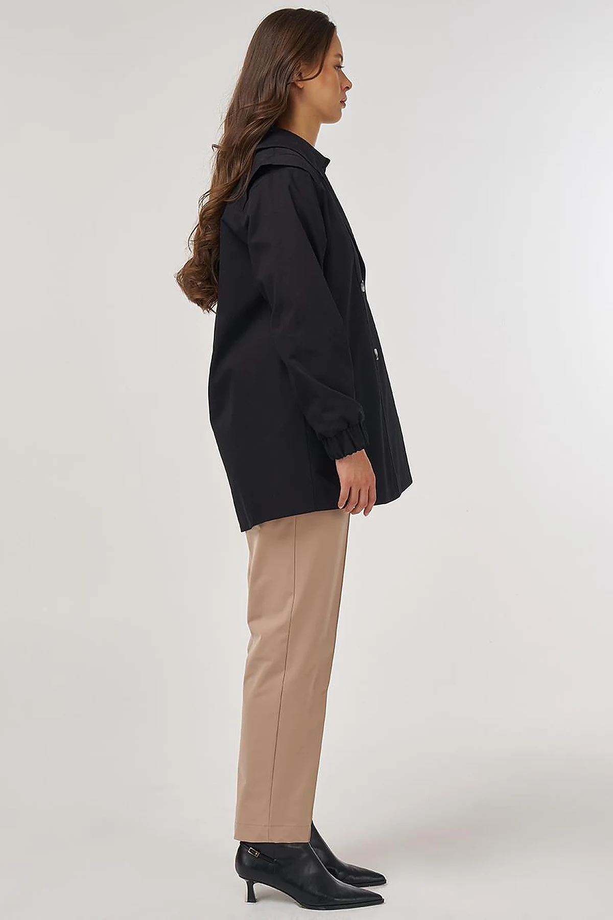 Elastic Cuff Shoulder Detailed Double-Breasted Jacket Black