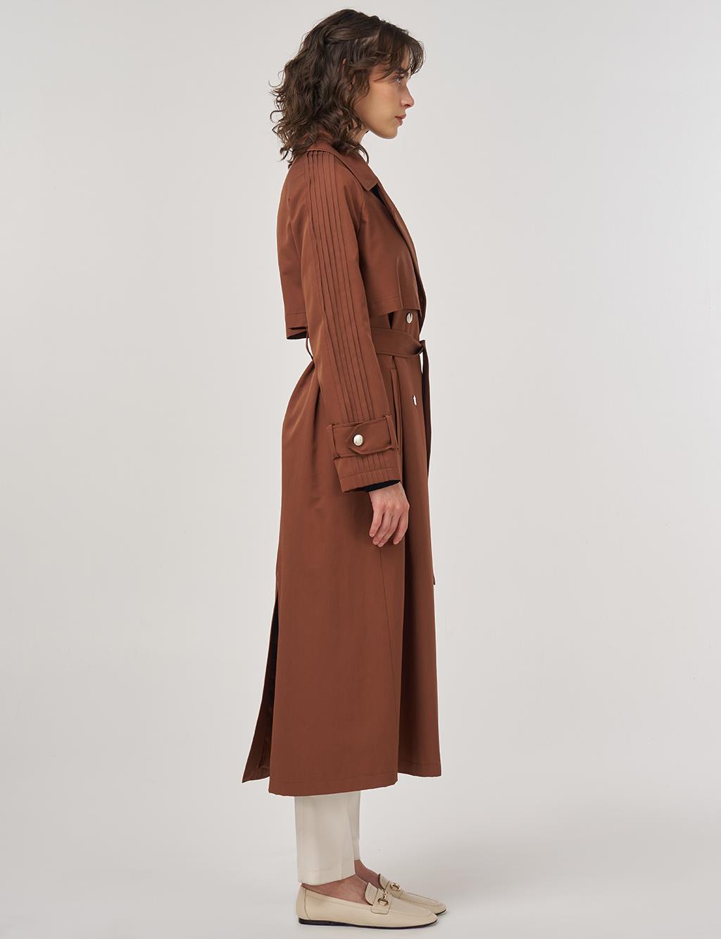Epaulette Detailed Long Trench Coat in Brown
