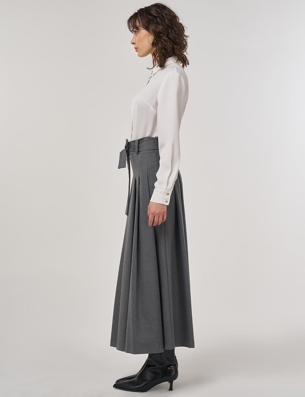 Thick Pleated Belted Maxi Skirt Anthracite