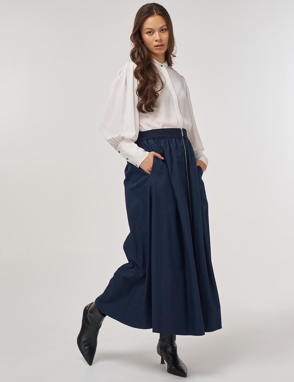 Elastic Waist Zipper Closure Skirt Dark Navy