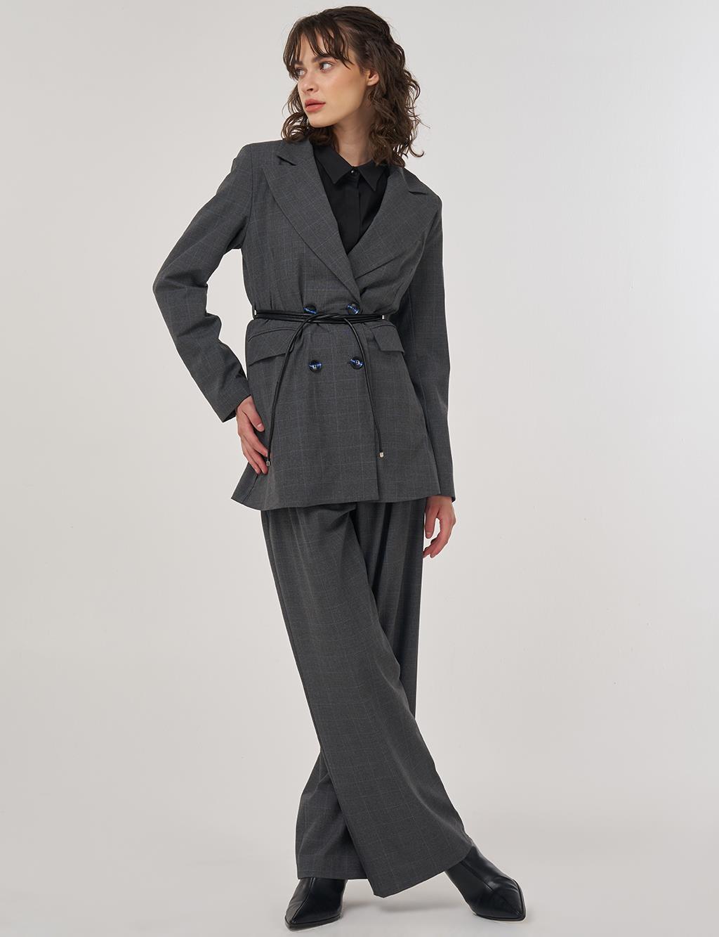 Plaid Double-Breasted Belted Jacket in Anthracite