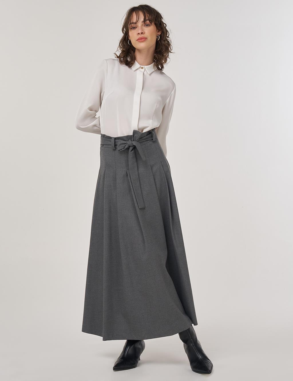 Thick Pleated Belted Maxi Skirt Anthracite