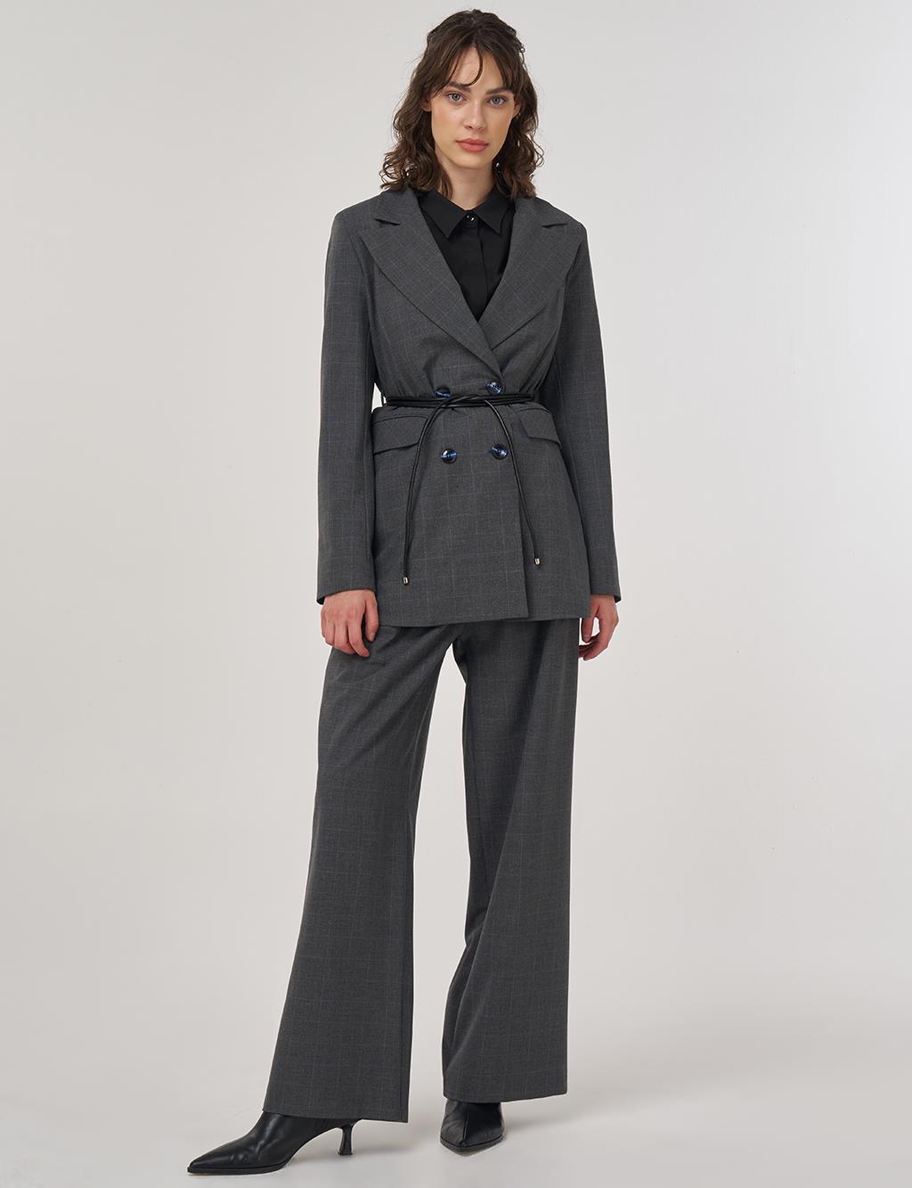 Plaid Double-Breasted Belted Jacket in Anthracite