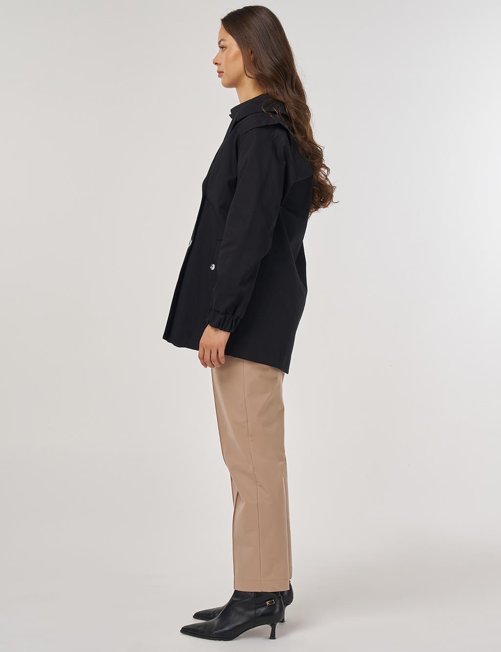 Elastic Cuff Shoulder Detailed Double-Breasted Jacket Black