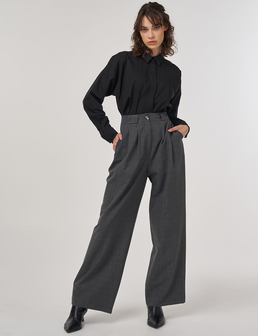 Plaid Pleated Belt Detailed High Waist Palazzo Pants Anthracite