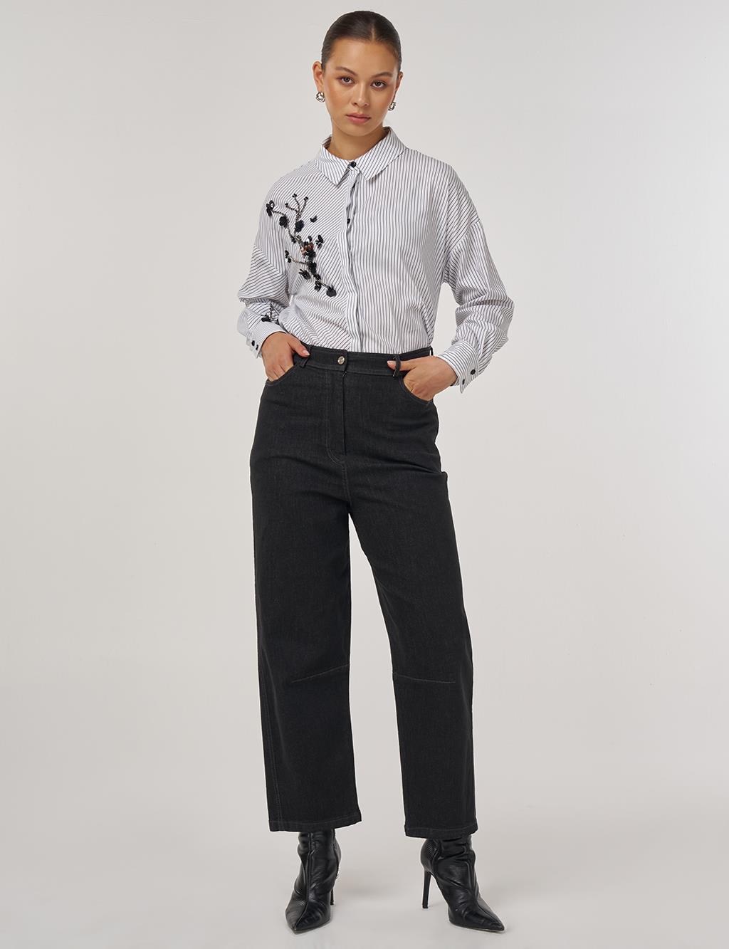 Wide-Leg Denim Pants with Stitching Details in Black