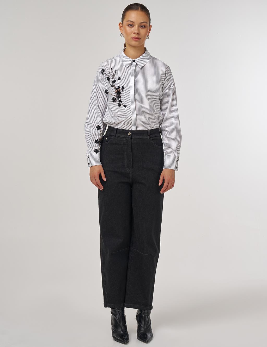 Wide-Leg Denim Pants with Stitching Details in Black