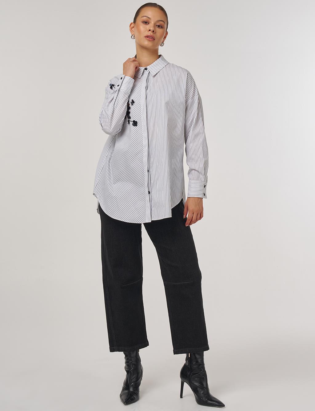 Floral Embroidered Stripe Pattern Tunic in Black