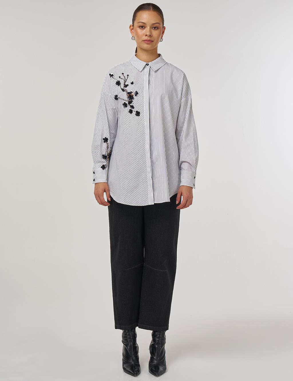 Floral Embroidered Stripe Pattern Tunic in Black