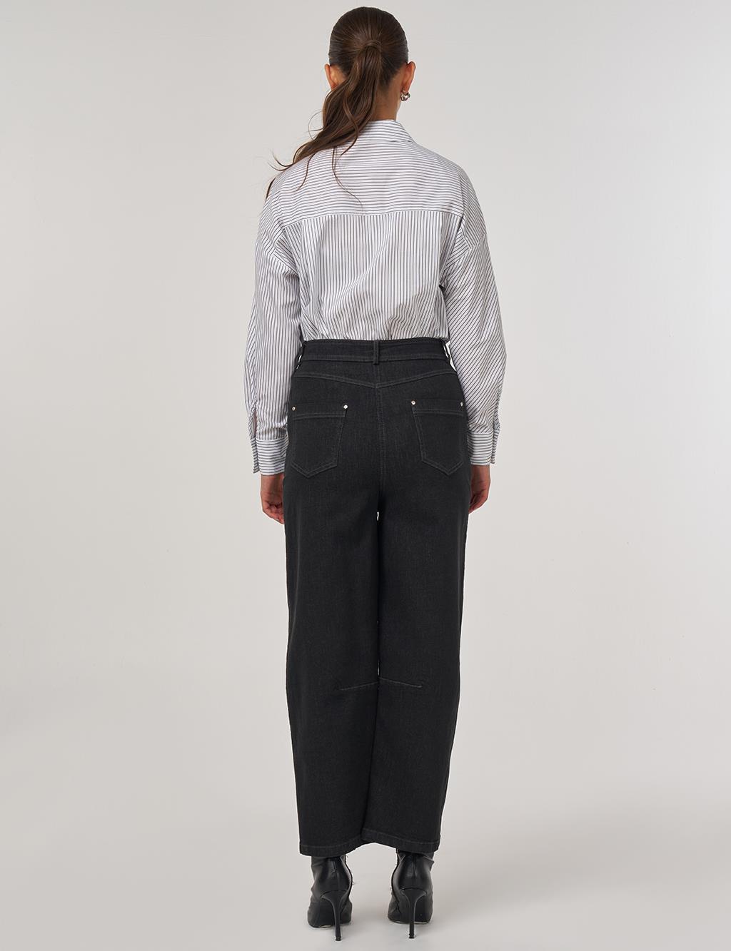 Wide-Leg Denim Pants with Stitching Details in Black