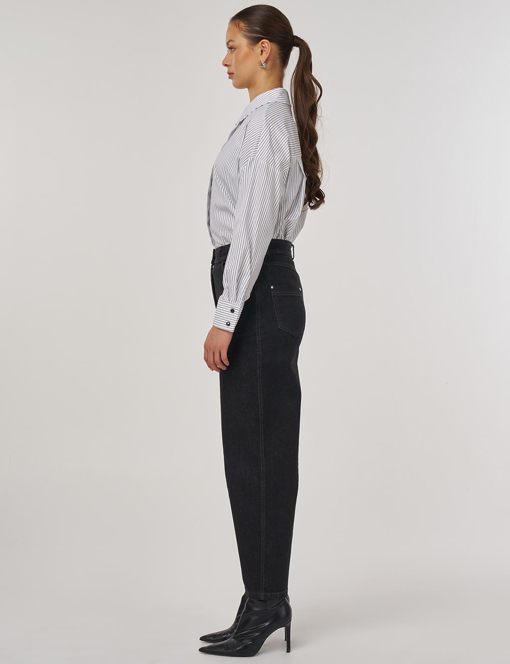Wide-Leg Denim Pants with Stitching Details in Black