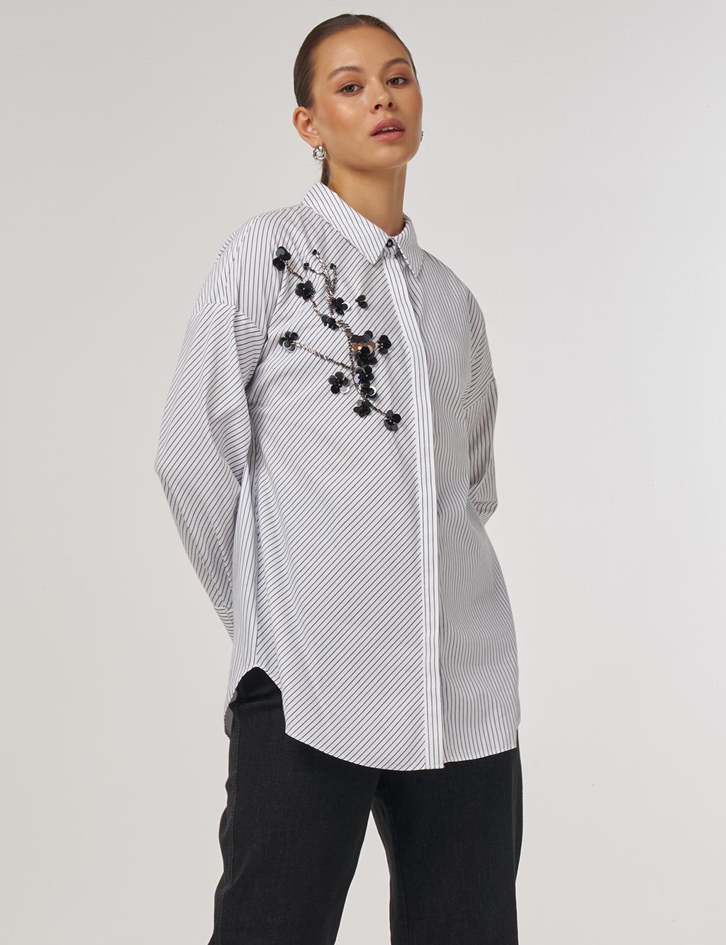 Floral Embroidered Stripe Pattern Tunic in Black