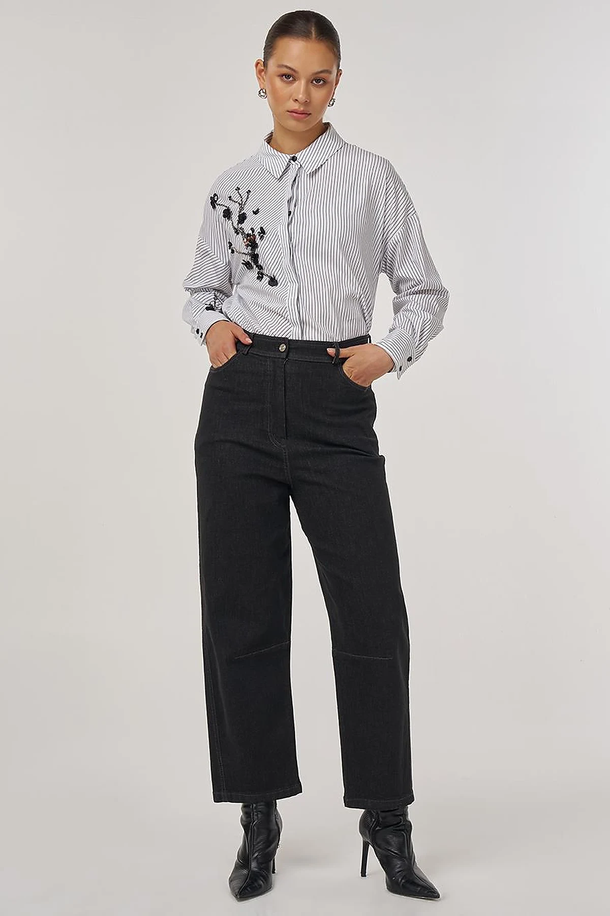 Dikiş Detaylı Wide Leg Denim Pantolon Siyah