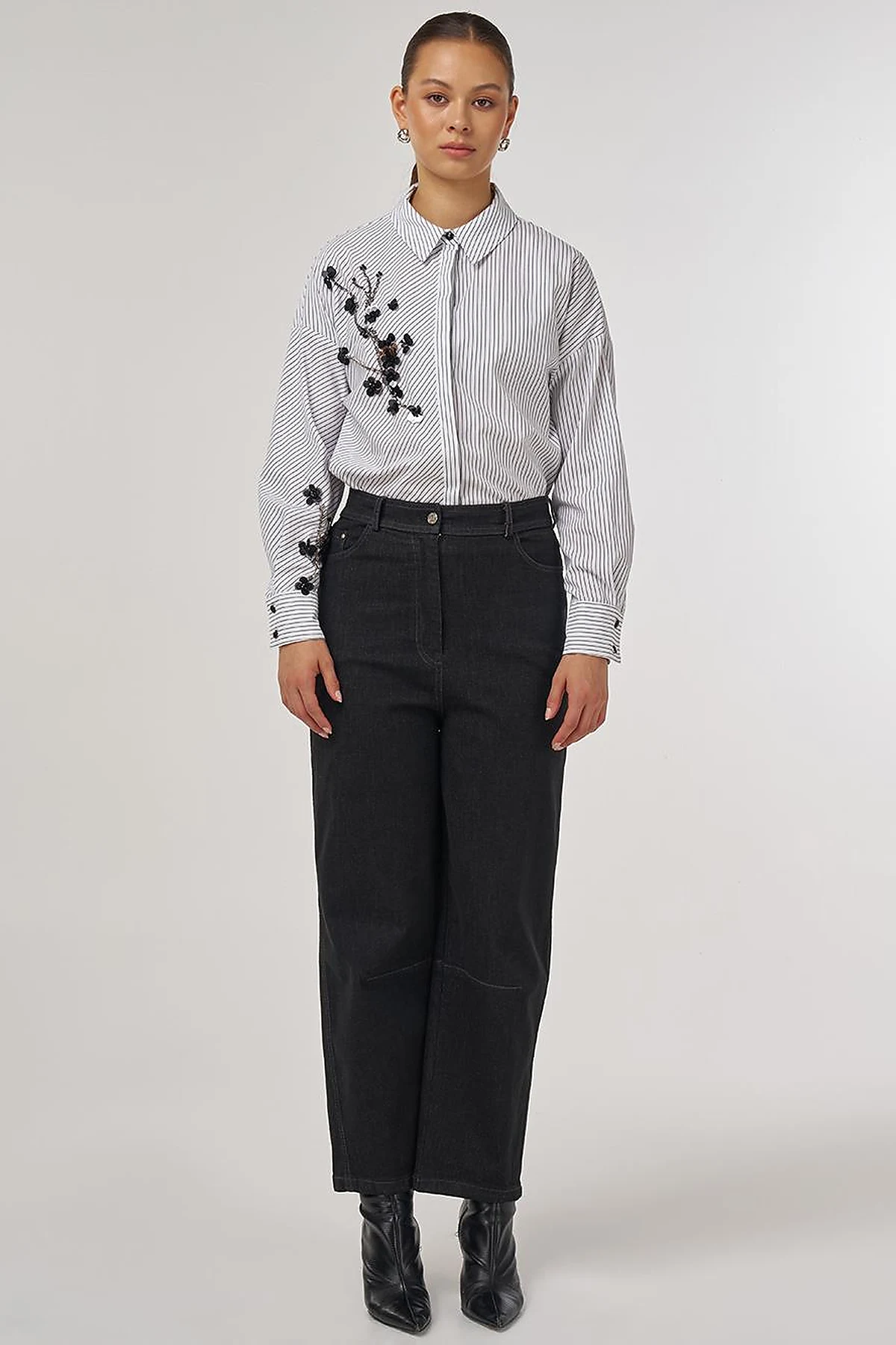 Dikiş Detaylı Wide Leg Denim Pantolon Siyah