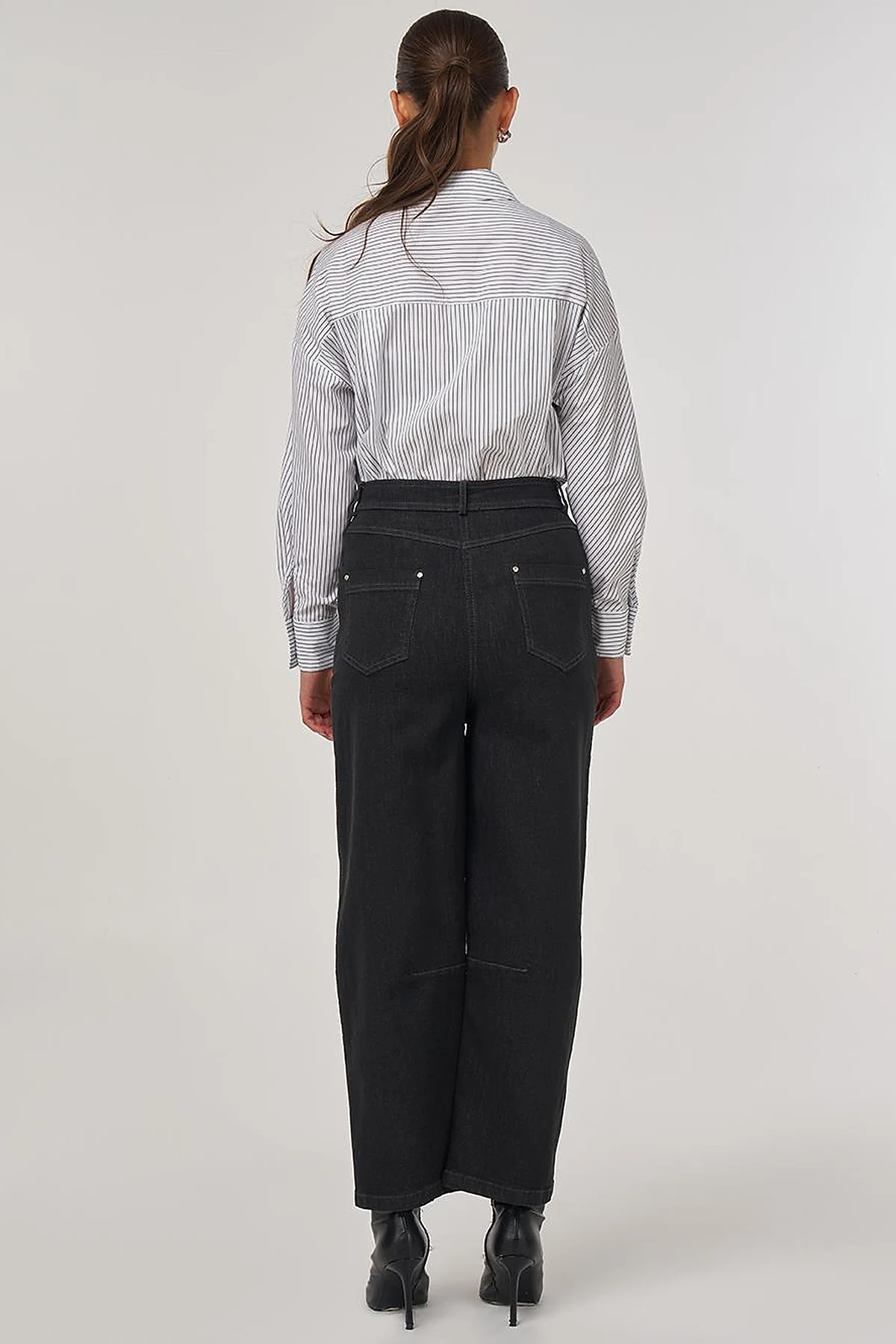 Dikiş Detaylı Wide Leg Denim Pantolon Siyah