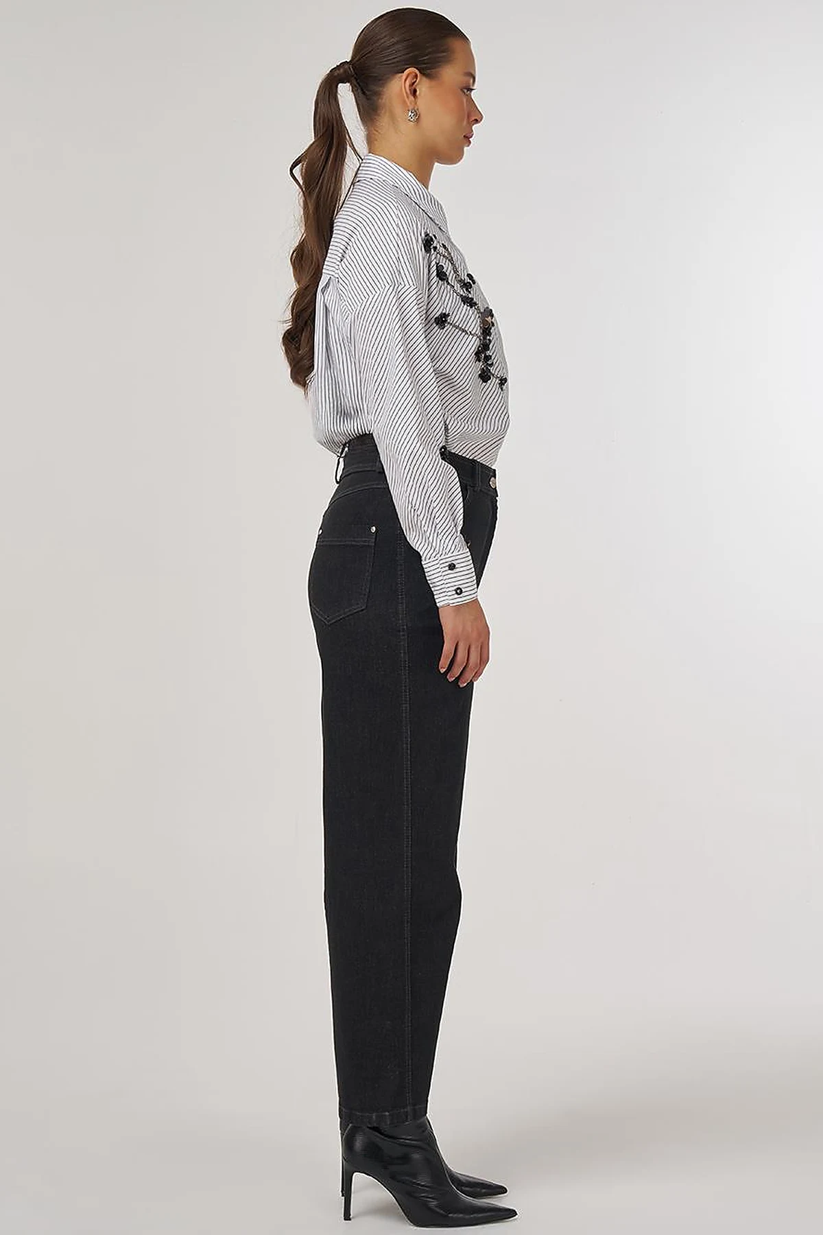 Dikiş Detaylı Wide Leg Denim Pantolon Siyah