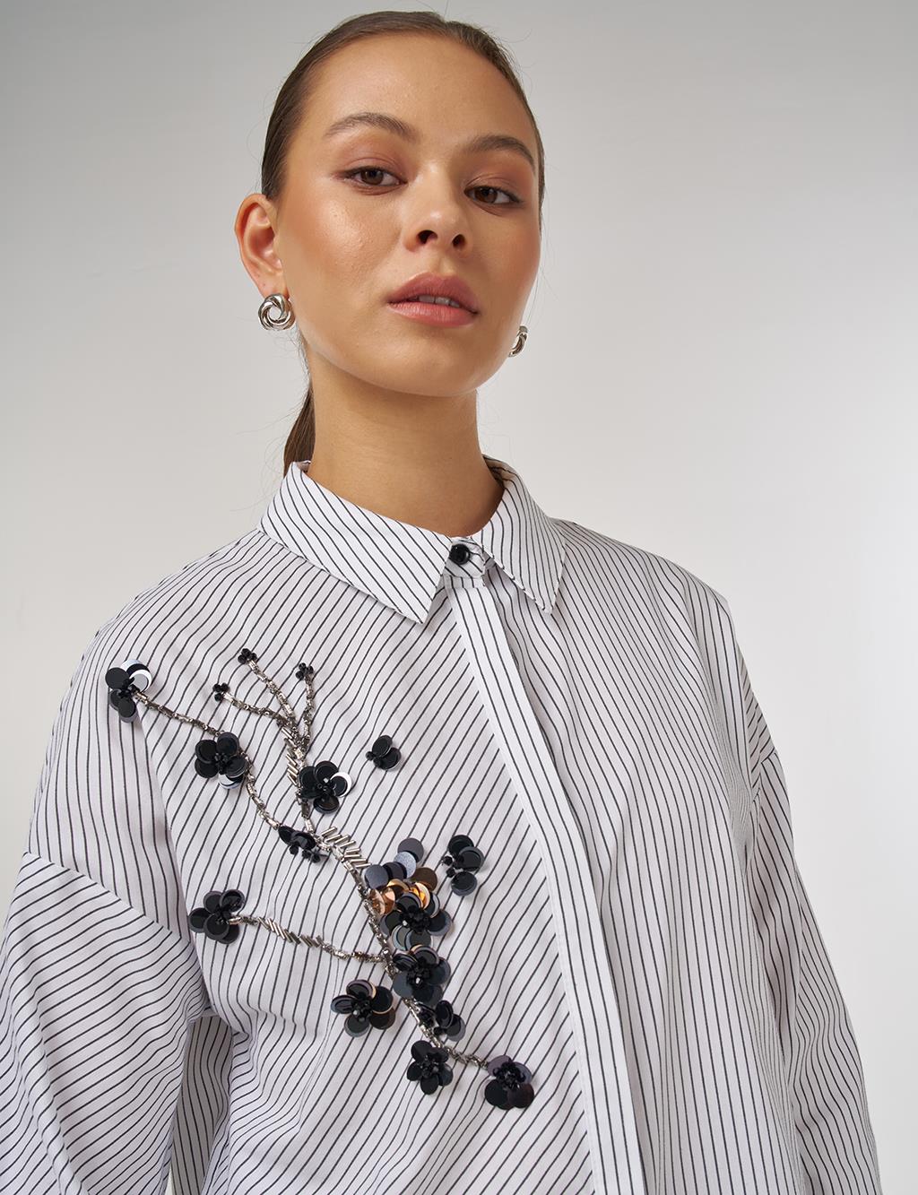 Floral Embroidered Stripe Pattern Tunic in Black