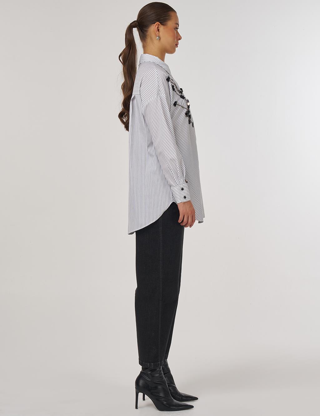 Floral Embroidered Stripe Pattern Tunic in Black