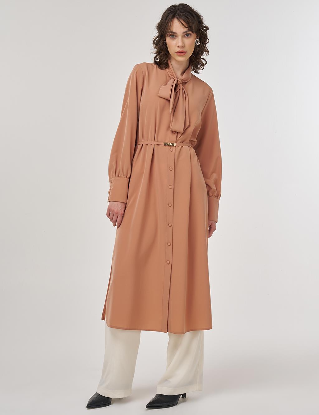 Collar Detail Belted Long Tunic Mushroom