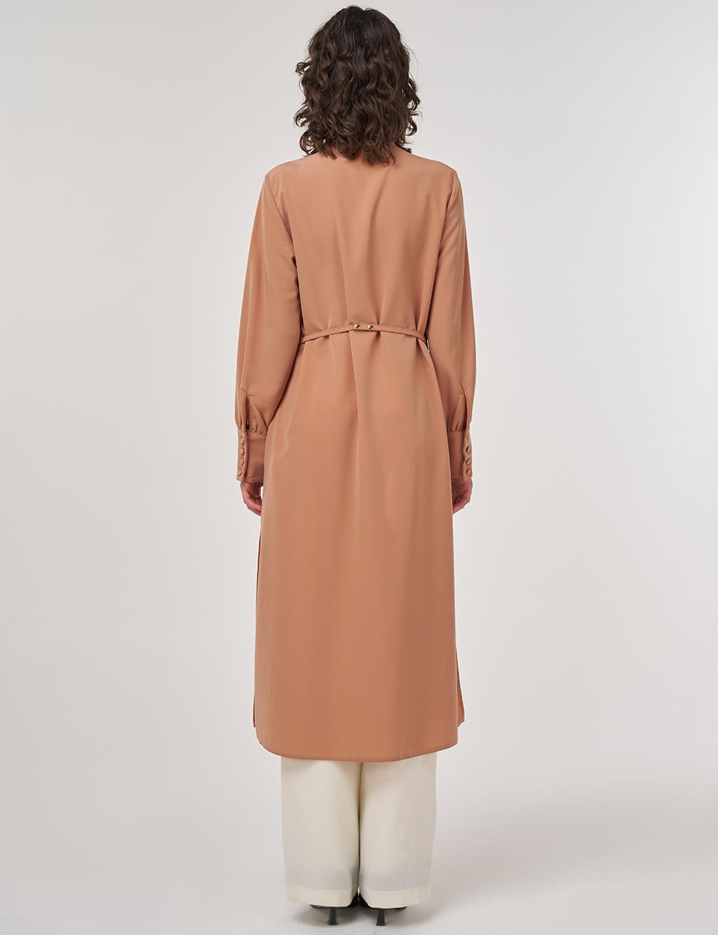 Collar Detail Belted Long Tunic Mushroom