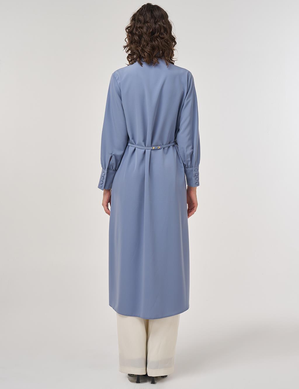 Collar Detail Belted Long Tunic Aviator Blue