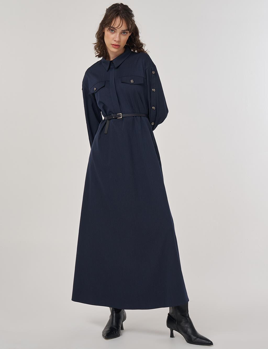 Viscose Dress with Flap Pockets in Dark Navy