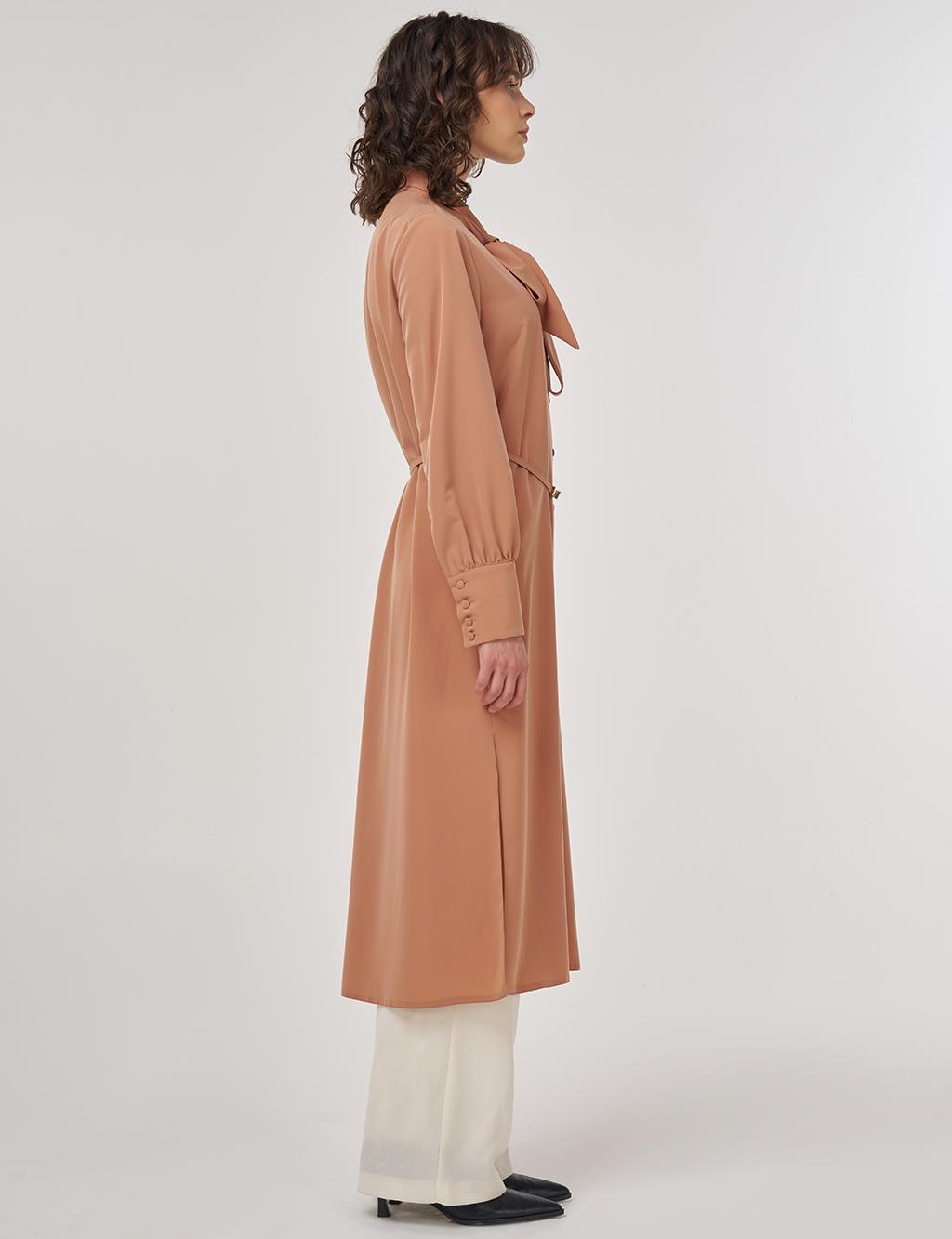 Collar Detail Belted Long Tunic Mushroom