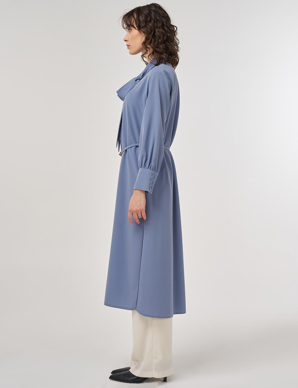 Collar Detail Belted Long Tunic Aviator Blue