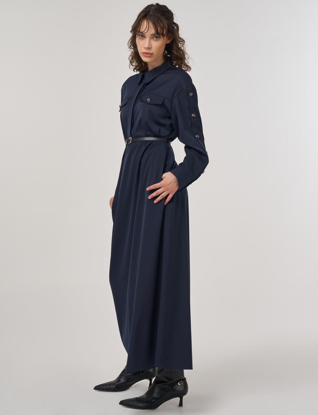 Viscose Dress with Flap Pockets in Dark Navy