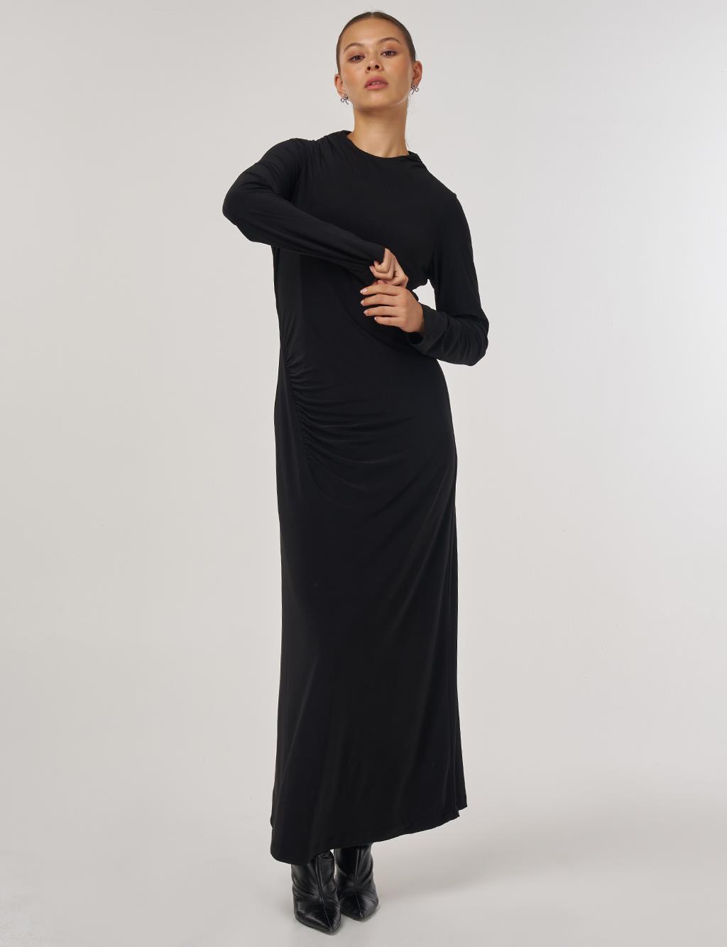 Crew-Up Draped Dress in Black