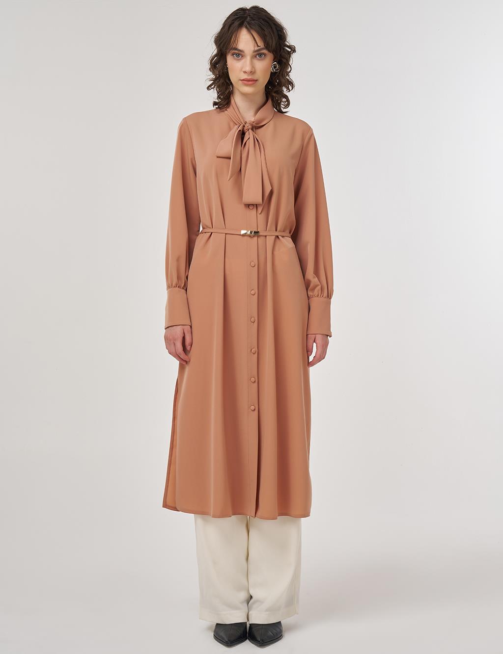 Collar Detail Belted Long Tunic Mushroom