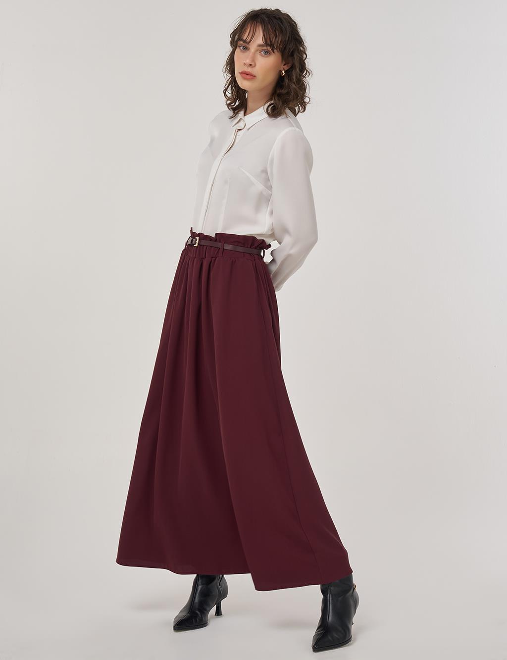Belt Detail Flared Skirt Burgundy